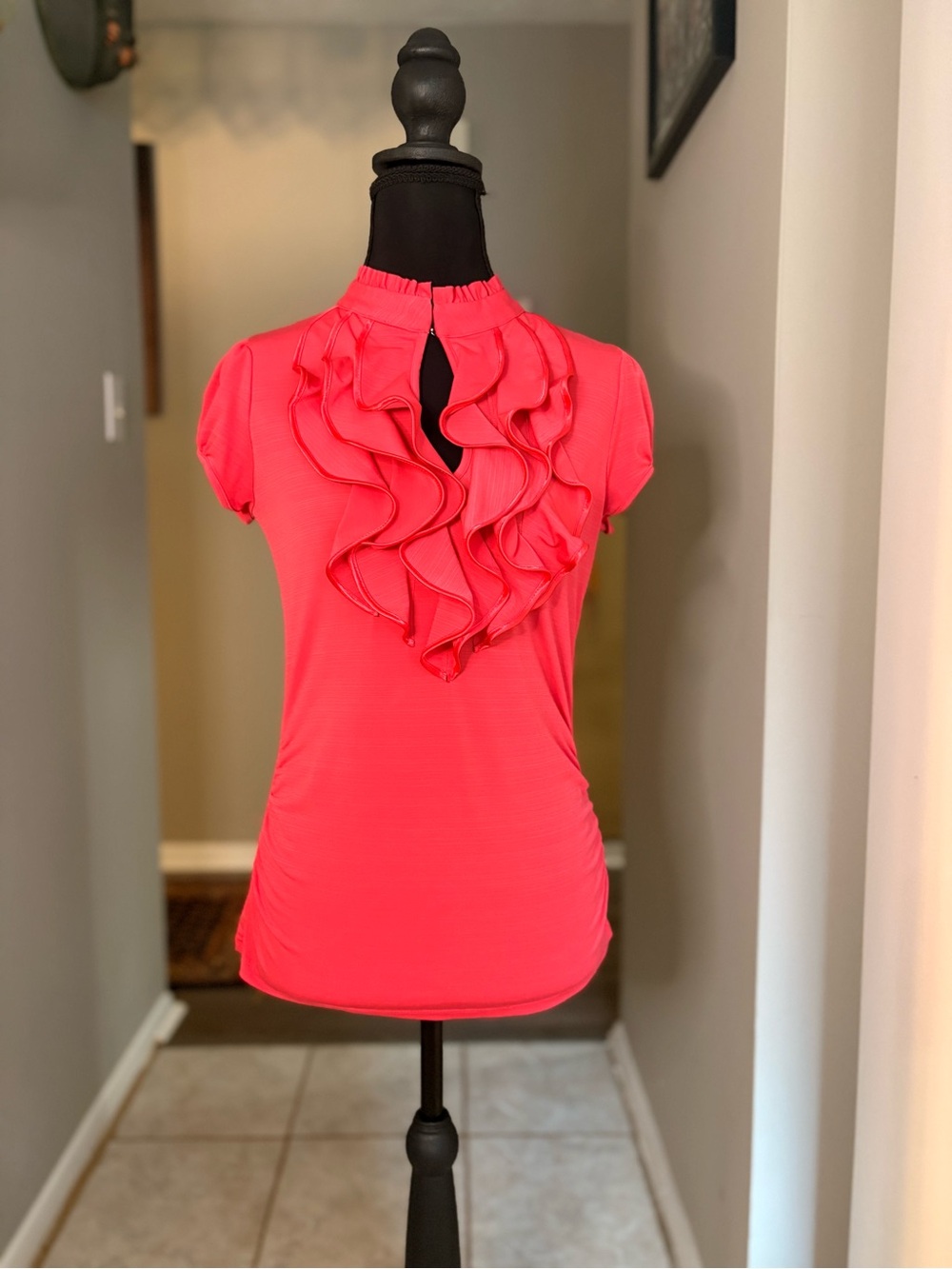Heart Soul Coral Pink Ruffle Keyhole Blouse
